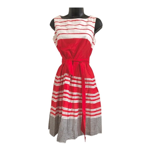 Anne Klein red black white colorblock belted fit & flare sleeveless dress size 2 - Picture 11 of 16